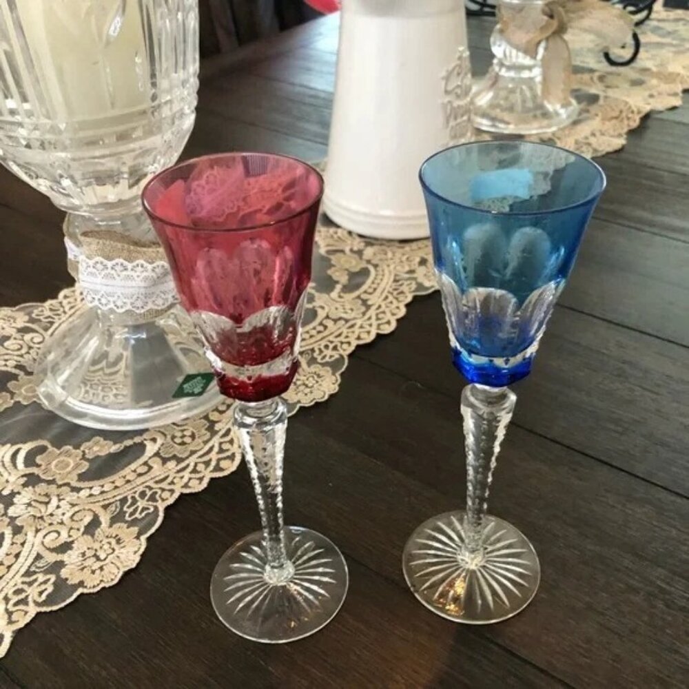 Vintage nachtmann Cranberry and blue crystal wine glasses